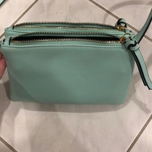 Turquoise crossbody purse w|two zippered pockets